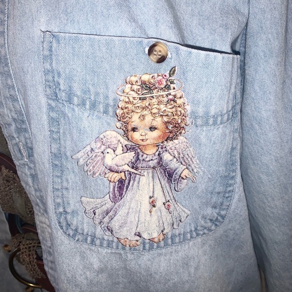 90s Light Blue Denim Shirt with Angel and dove patches long sleeve button down S - Picture 3 of 12